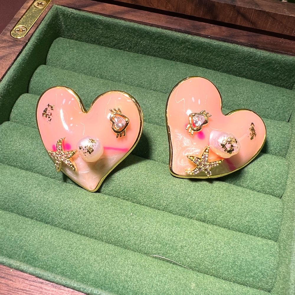 Pearl Stud Earrings - Oil painting love natural pearl golden