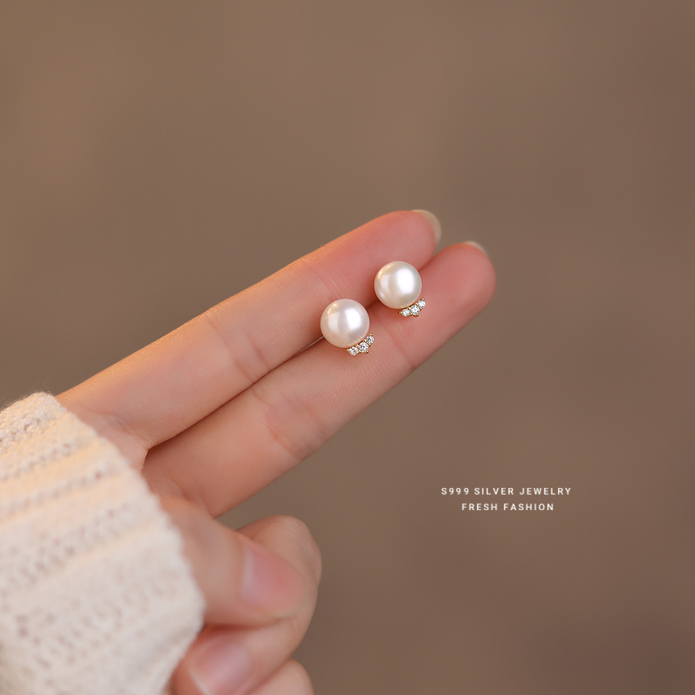 Pearl Stud Earrings - 999 Sterling Silver Inlay Zircon Natural