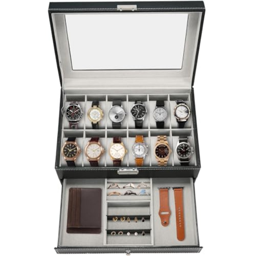 12 Slot PU Leather Lockable Wa - Jewelry And Watches Box บทวิจารณ์และราคา