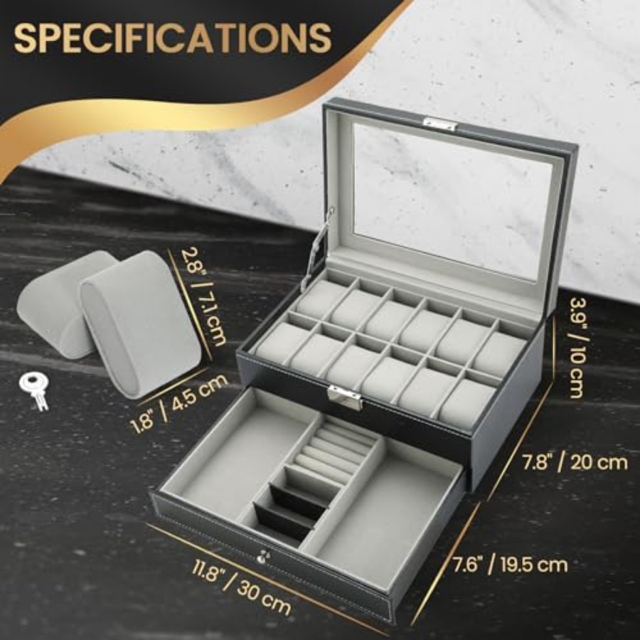 12 Slot PU Leather Lockable Wa - Jewelry And Watches Box บทวิจารณ์และราคา