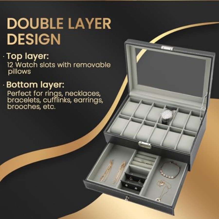 12 Slot PU Leather Lockable Wa - Jewelry And Watches Box บทวิจารณ์และราคา