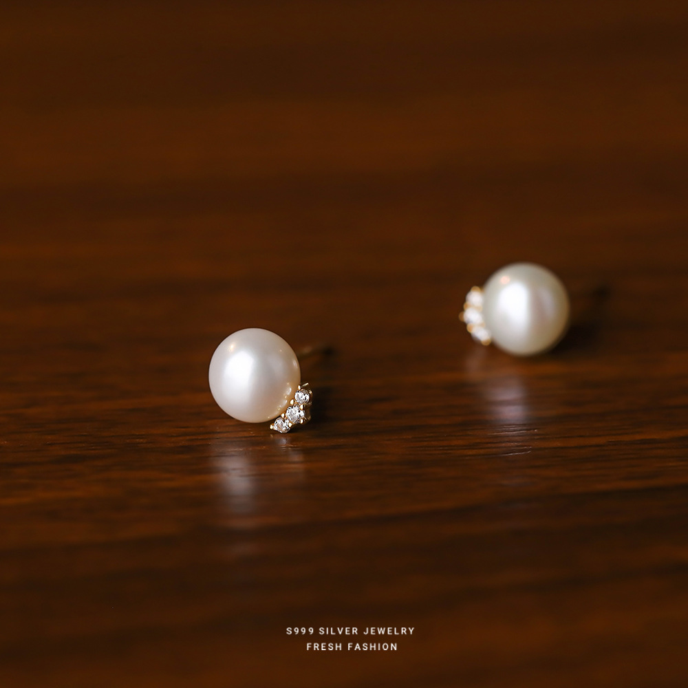 999 Sterling Silver Inlay Zirc - Pearl Stud Earrings บทวิจารณ์และราคา