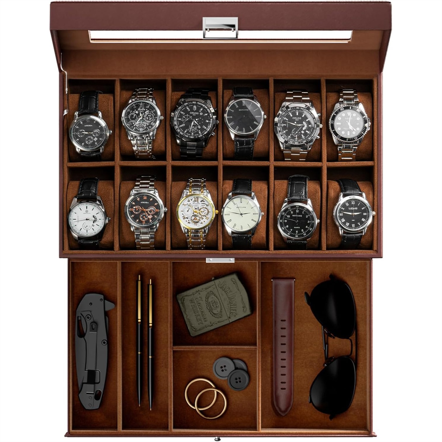 12 Slot Watch Box with Drawer, - Jewelry And Watches Box บทวิจารณ์และราคา