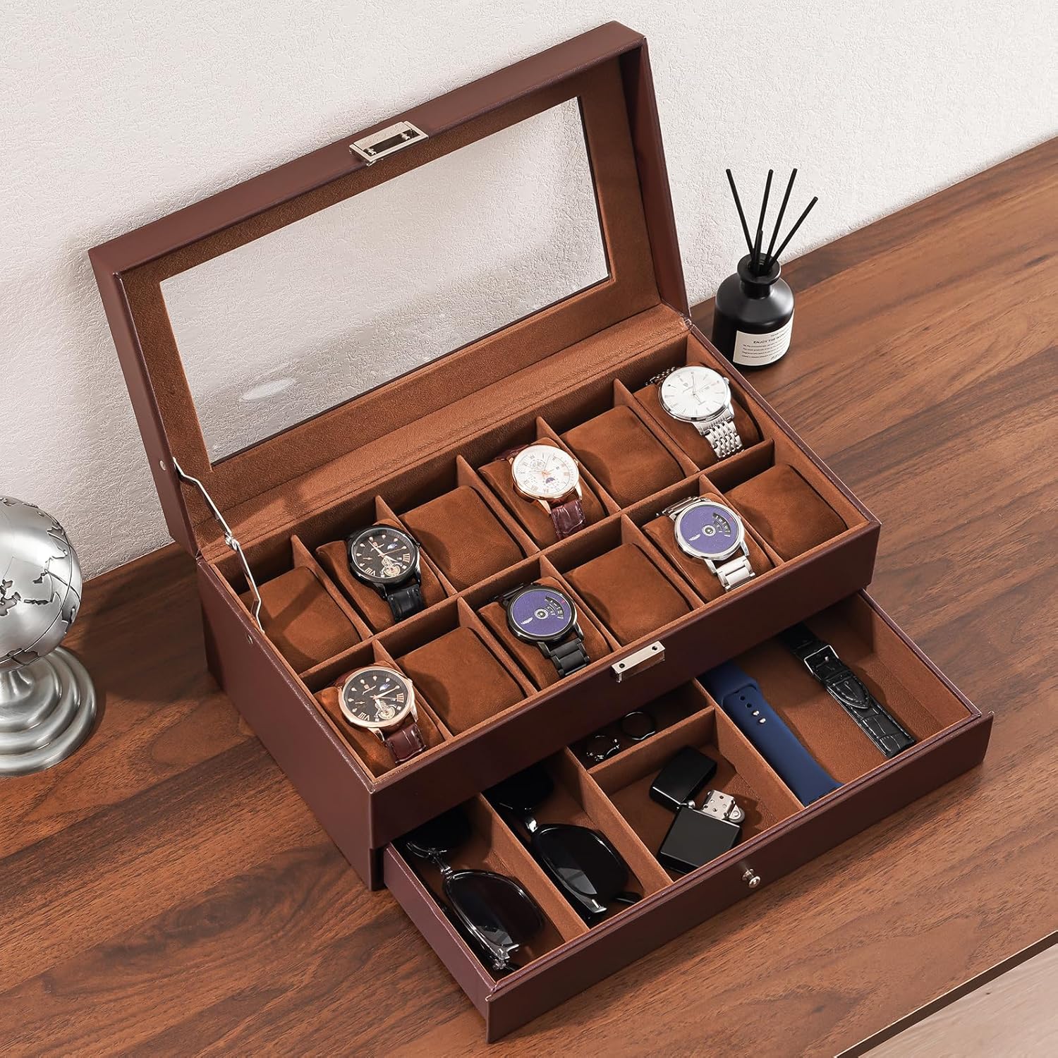 12 Slot Watch Box with Drawer, - Jewelry And Watches Box บทวิจารณ์และราคา