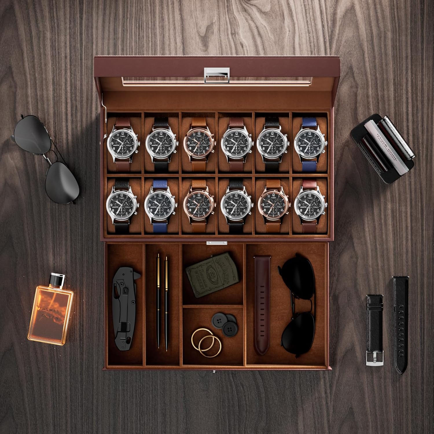 12 Slot Watch Box with Drawer, - Jewelry And Watches Box บทวิจารณ์และราคา