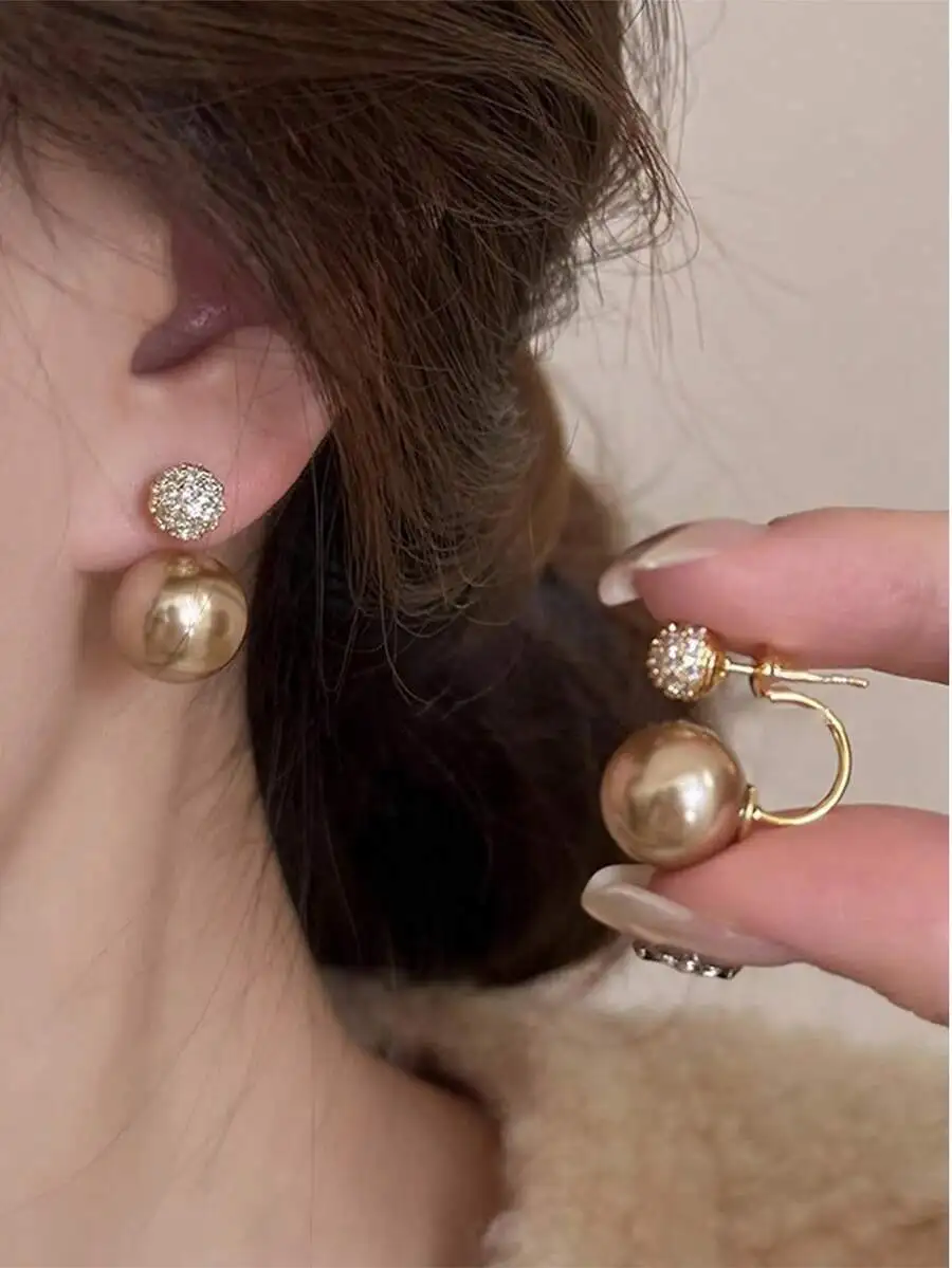 1 Pair Elegant Korean Champagn - Pearl Stud Earrings บทวิจารณ์และราคา