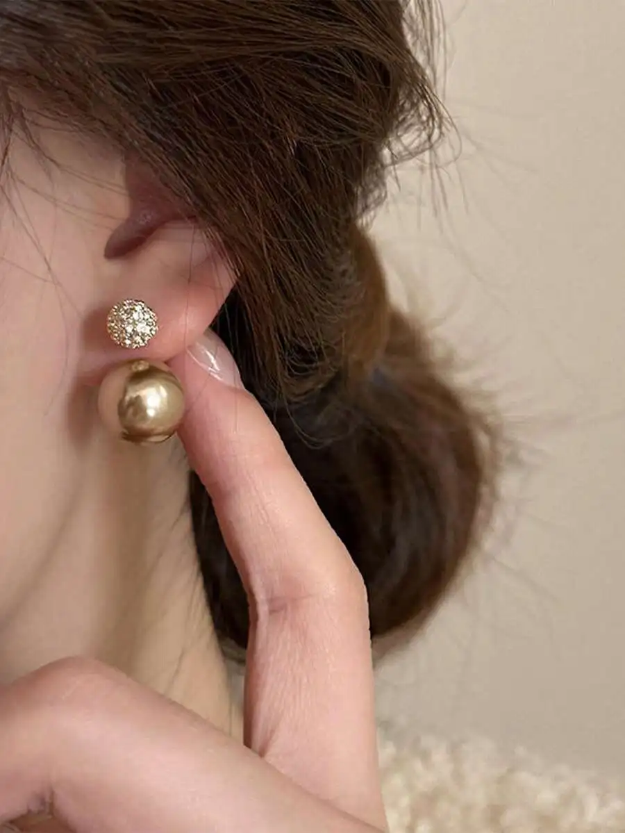 1 Pair Elegant Korean Champagn - Pearl Stud Earrings บทวิจารณ์และราคา