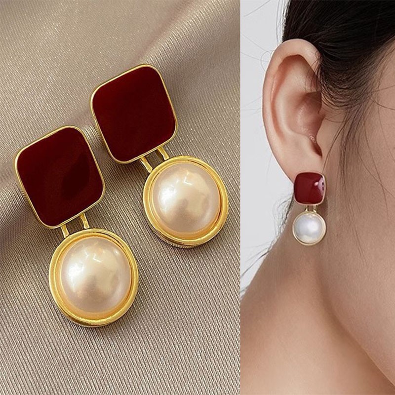 925 Silver Needle Vintage Red  - Pearl Stud Earrings บทวิจารณ์และราคา